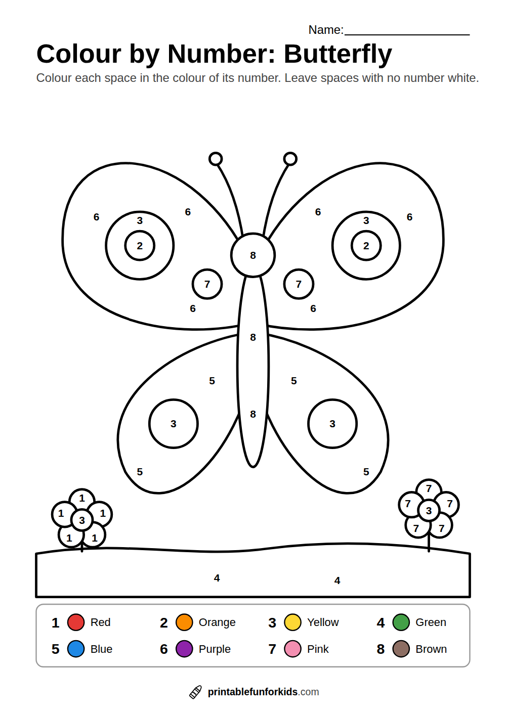 Colour-by-number butterfly with spotted wings above two flowers