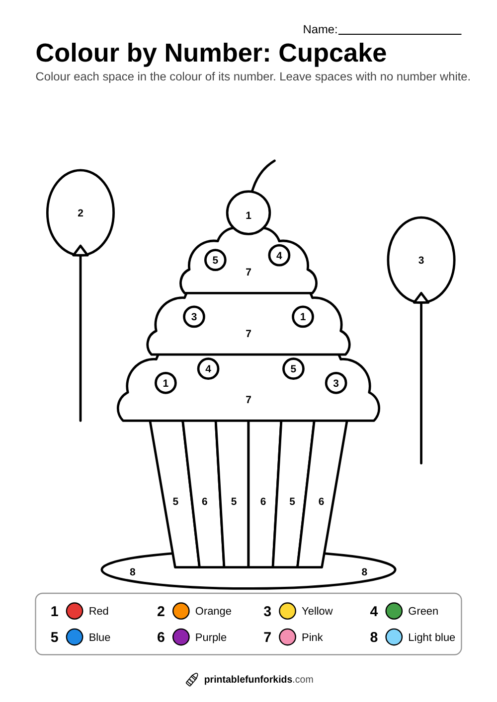 Colour-by-number cupcake with sprinkles, a cherry and a striped case, between two balloons