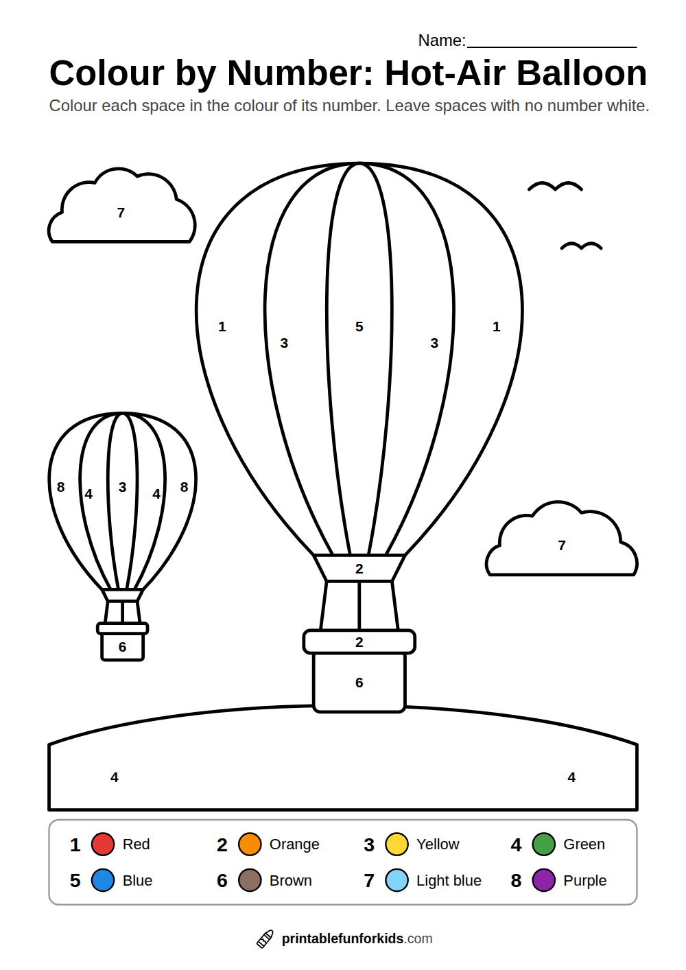 Colour-by-number sheet with two striped hot-air balloons, clouds and a hill