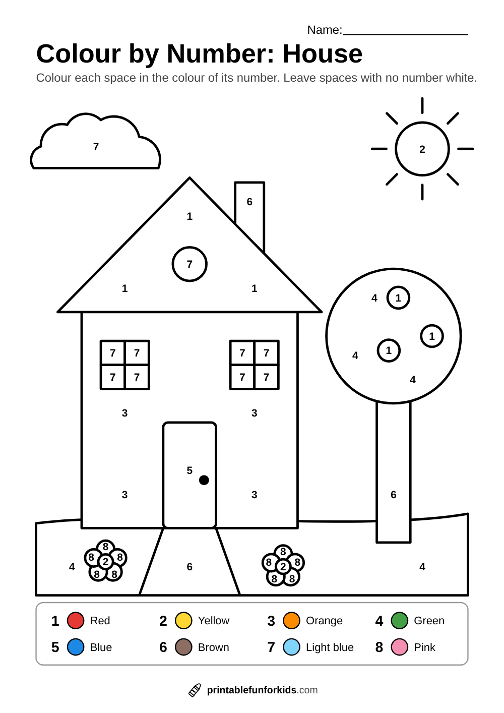 Colour-by-number house with windows, a chimney and a door, next to an apple tree
