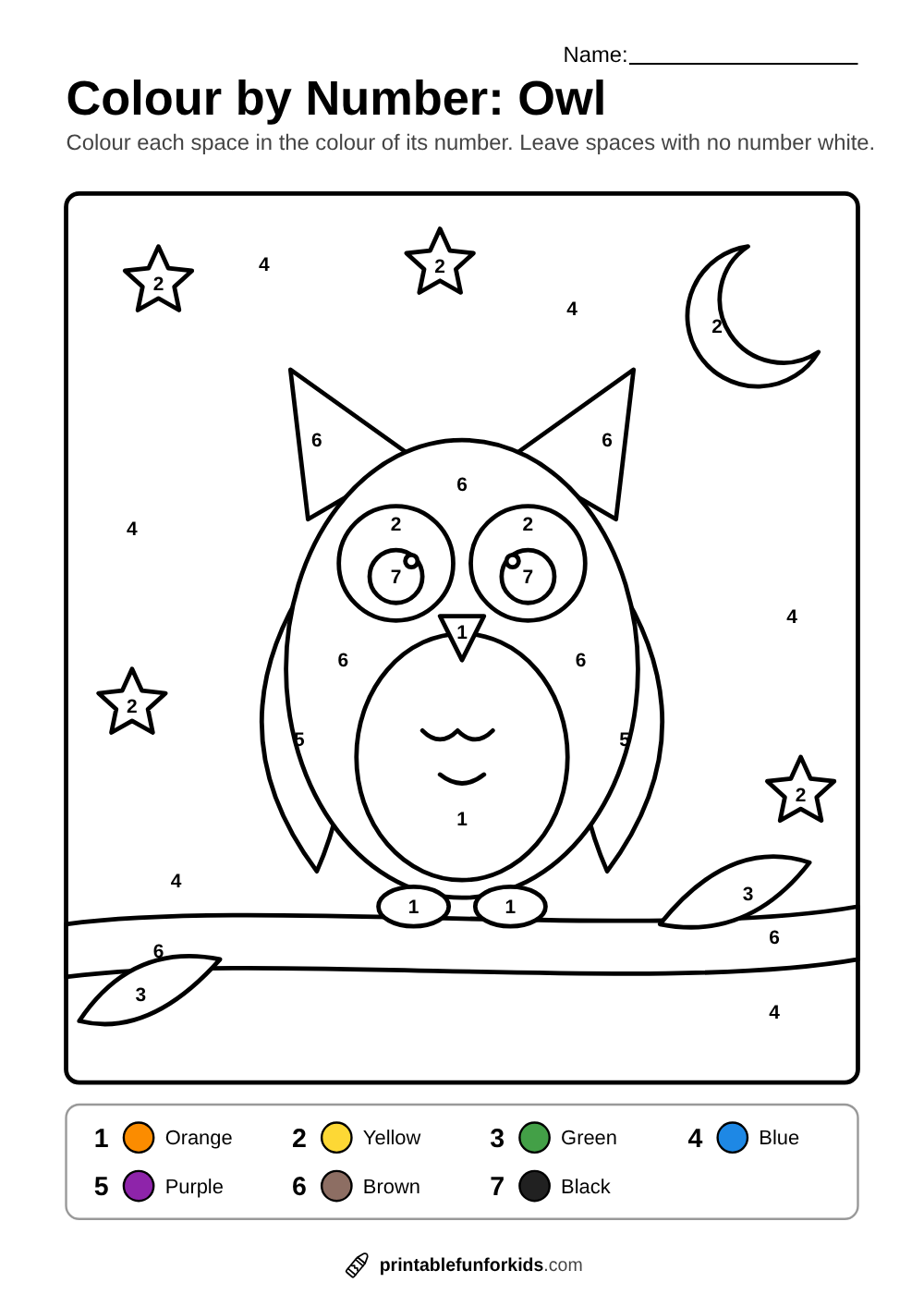Colour-by-number owl on a branch with the moon and stars in the night sky