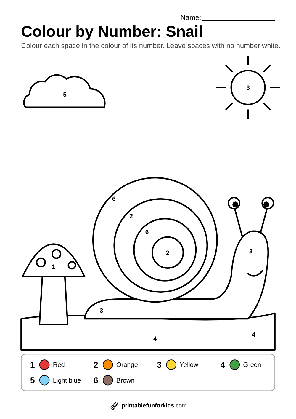 Colour-by-number snail with a spiral shell next to a toadstool, with a sun and a cloud