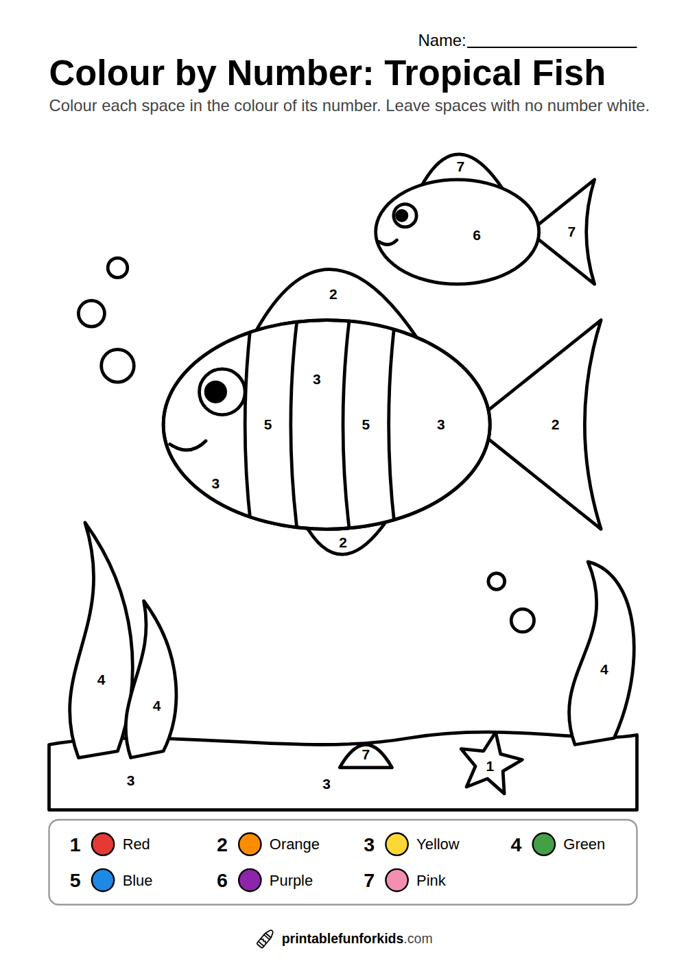 Colour-by-number sheet with a striped tropical fish, a small fish, seaweed and a starfish