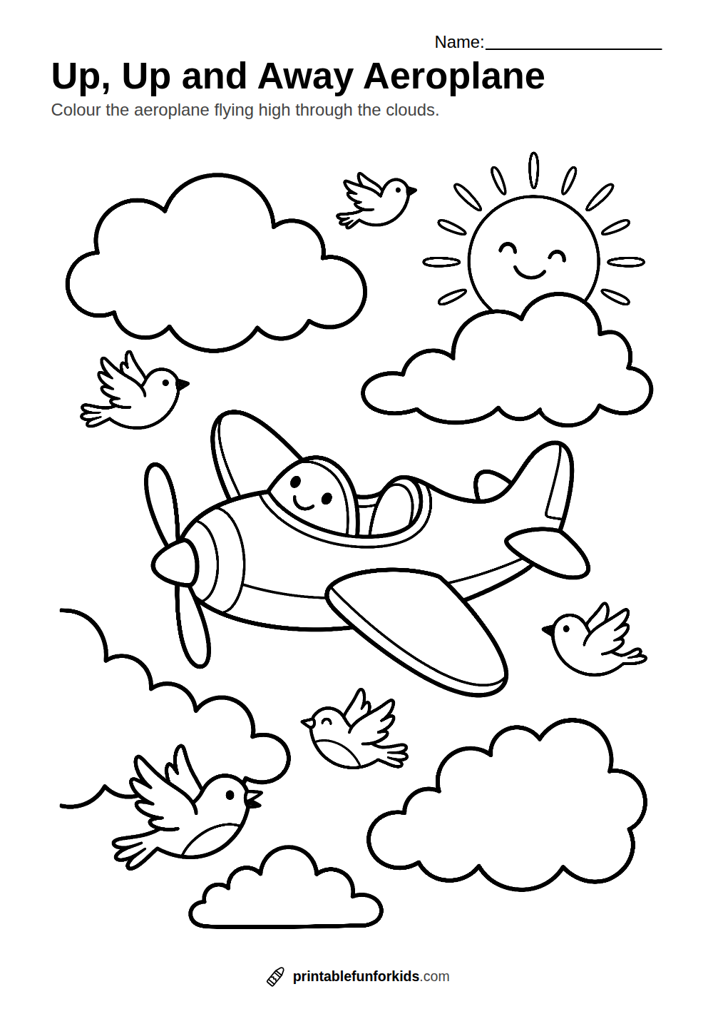 Line drawing of an aeroplane flying among clouds and birds, ready to colour in