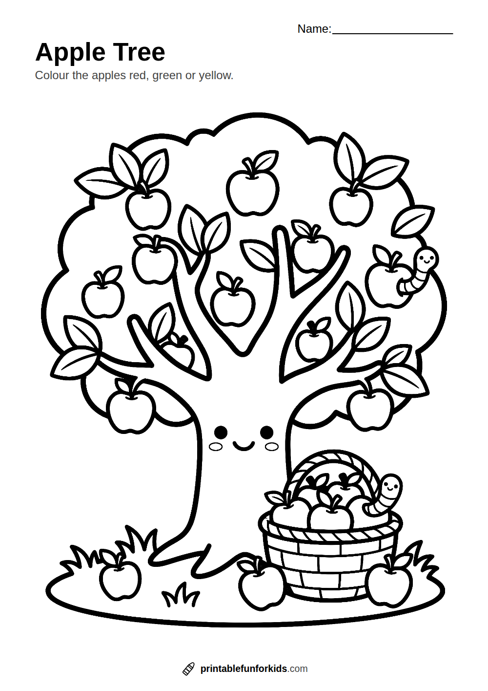 Line drawing of an apple tree full of apples with a basket beside it, ready to colour in