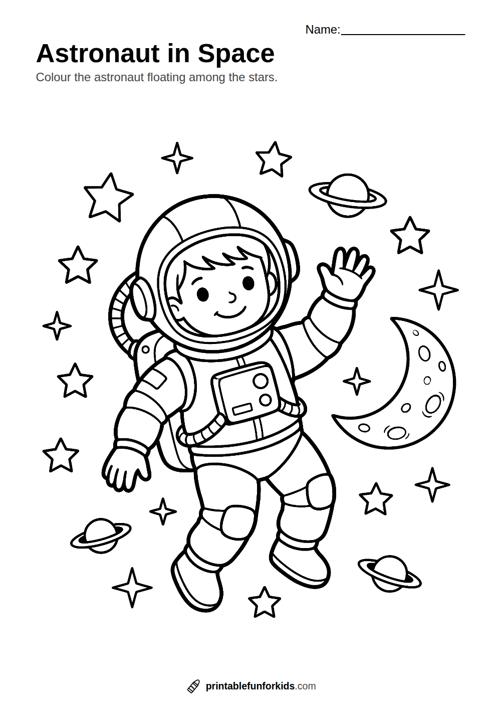 Line drawing of a smiling astronaut floating in space with stars and a moon, ready to colour in