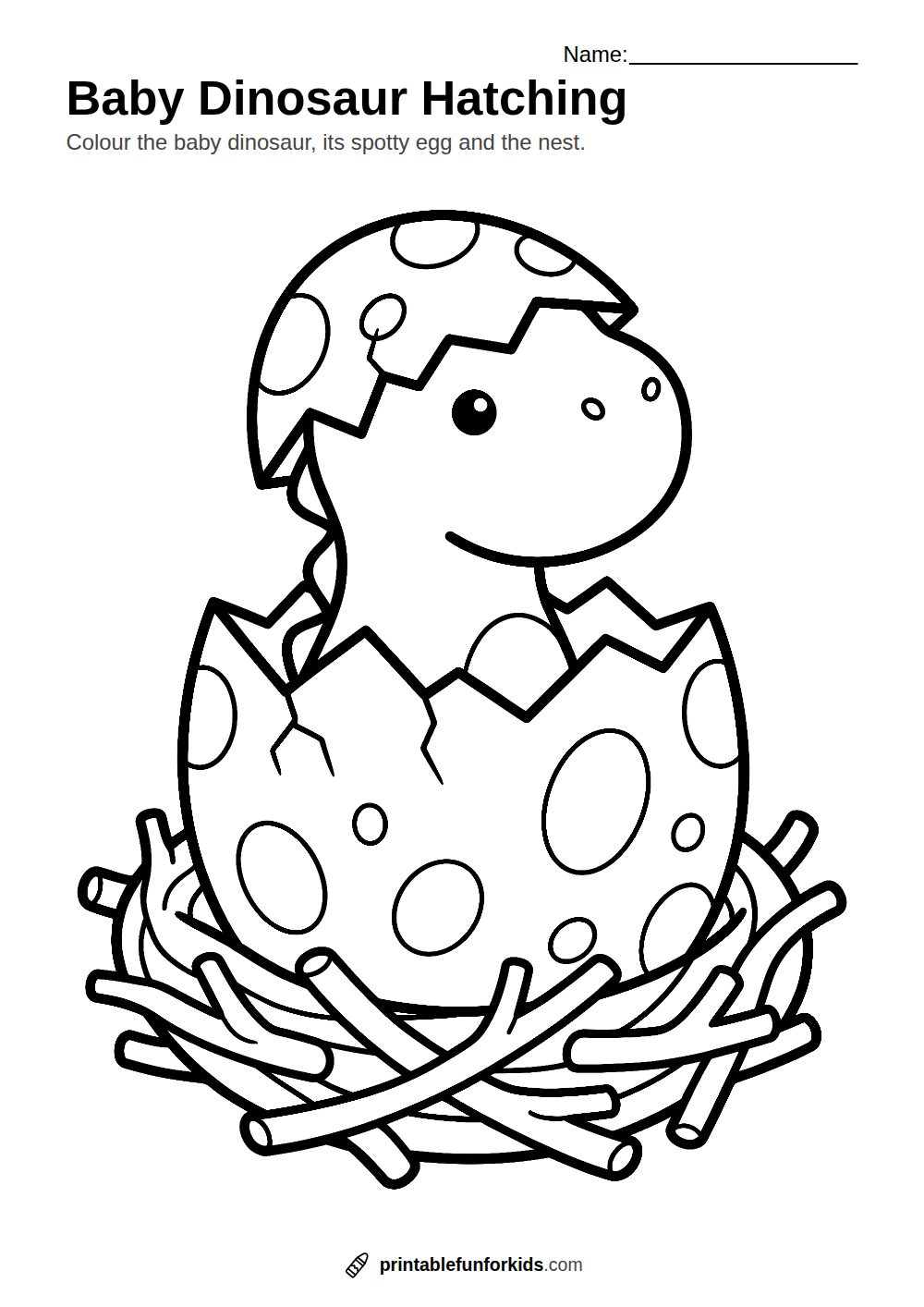Line drawing of a baby dinosaur hatching from a spotty egg in a nest, ready to colour in