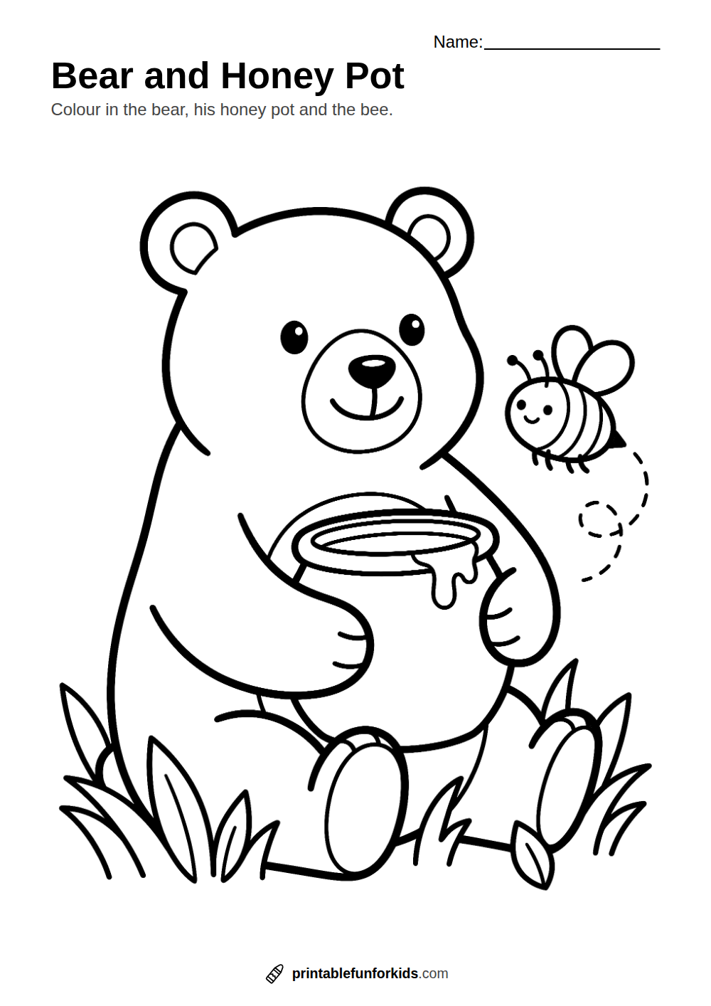 Line drawing of a cuddly bear holding a honey pot with a bee flying nearby, ready to colour in