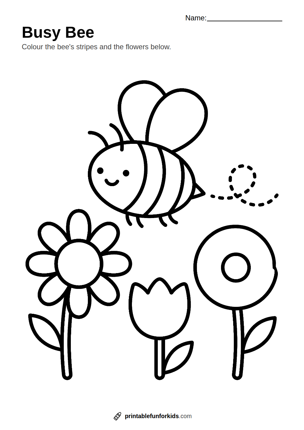 Line drawing of a smiling bee flying above three flowers, ready to colour in