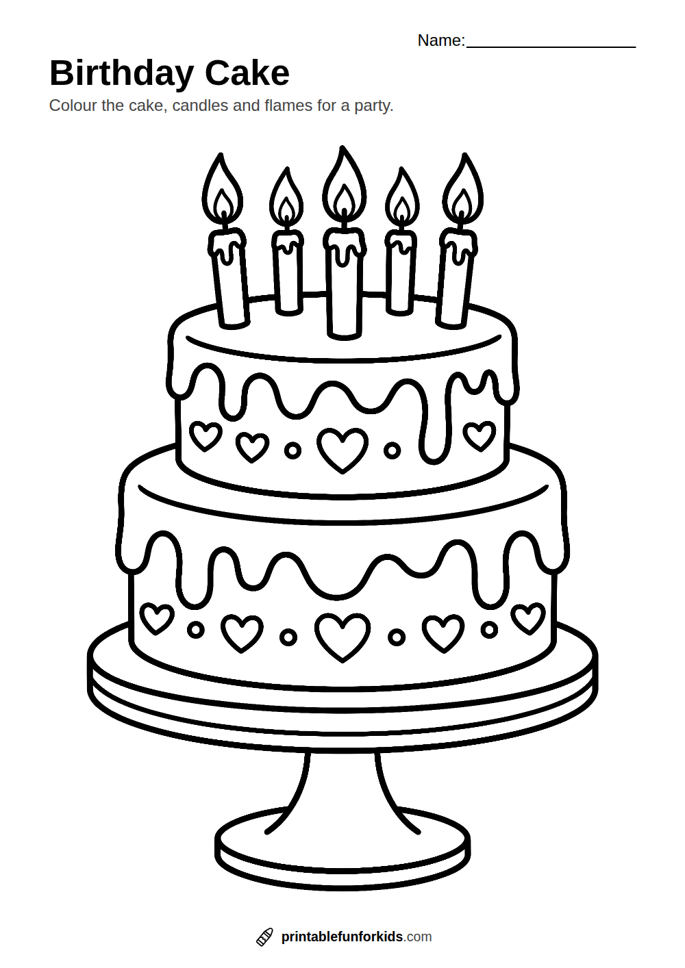 Line drawing of a smiling two-tier birthday cake with five candles, ready to colour in