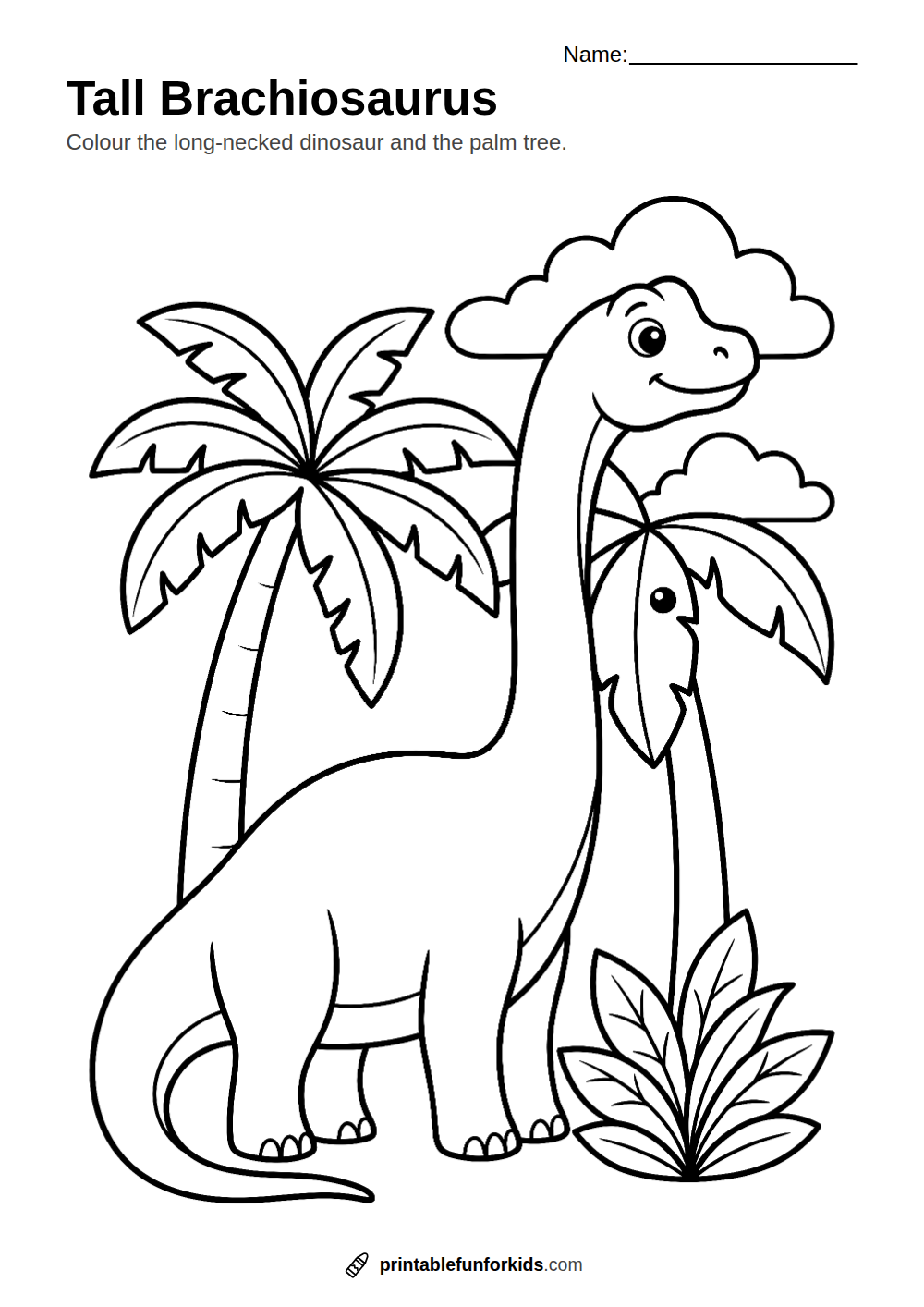 Line drawing of a long-necked brachiosaurus next to a palm tree, ready to colour in
