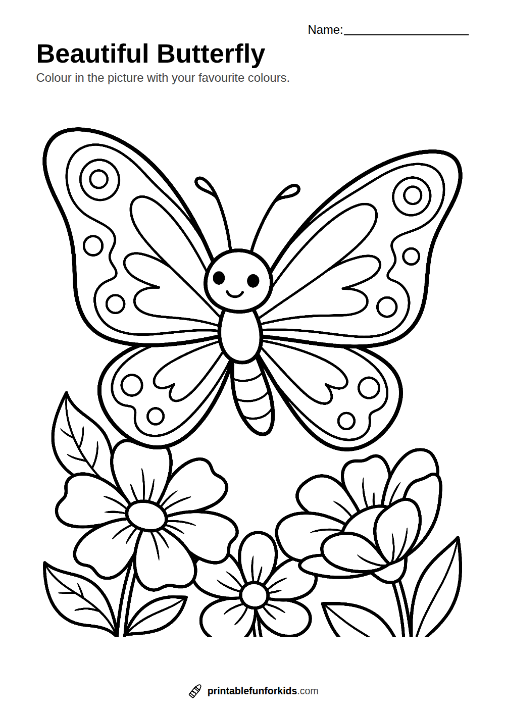 Line drawing of a butterfly with patterned wings, ready to colour in