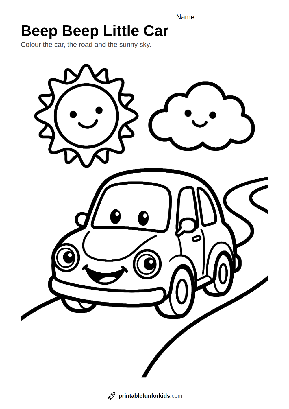 Line drawing of a little car on a road with the sun and a cloud, ready to colour in