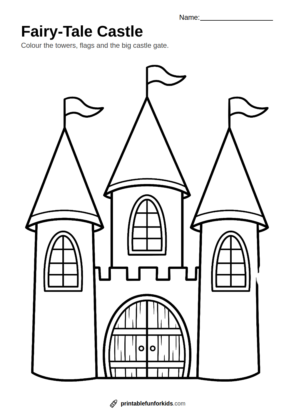 Line drawing of a fairy-tale castle with three pointed towers, flags and a wooden gate, ready to colour in