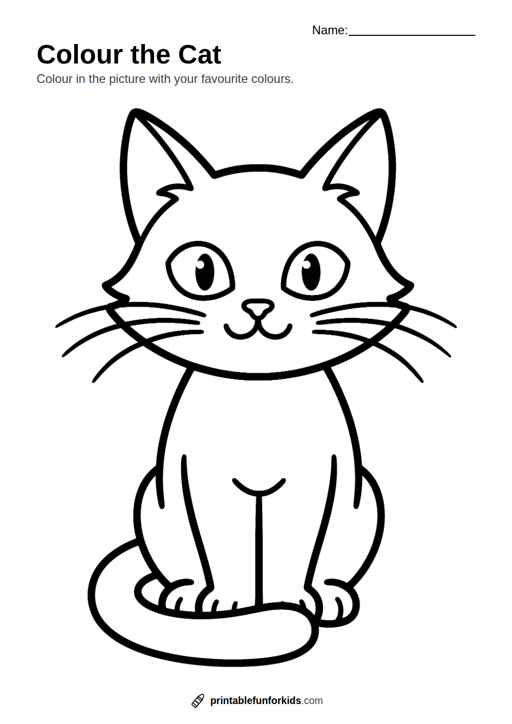 Line drawing of a sitting cat with pointy ears and whiskers, ready to colour in
