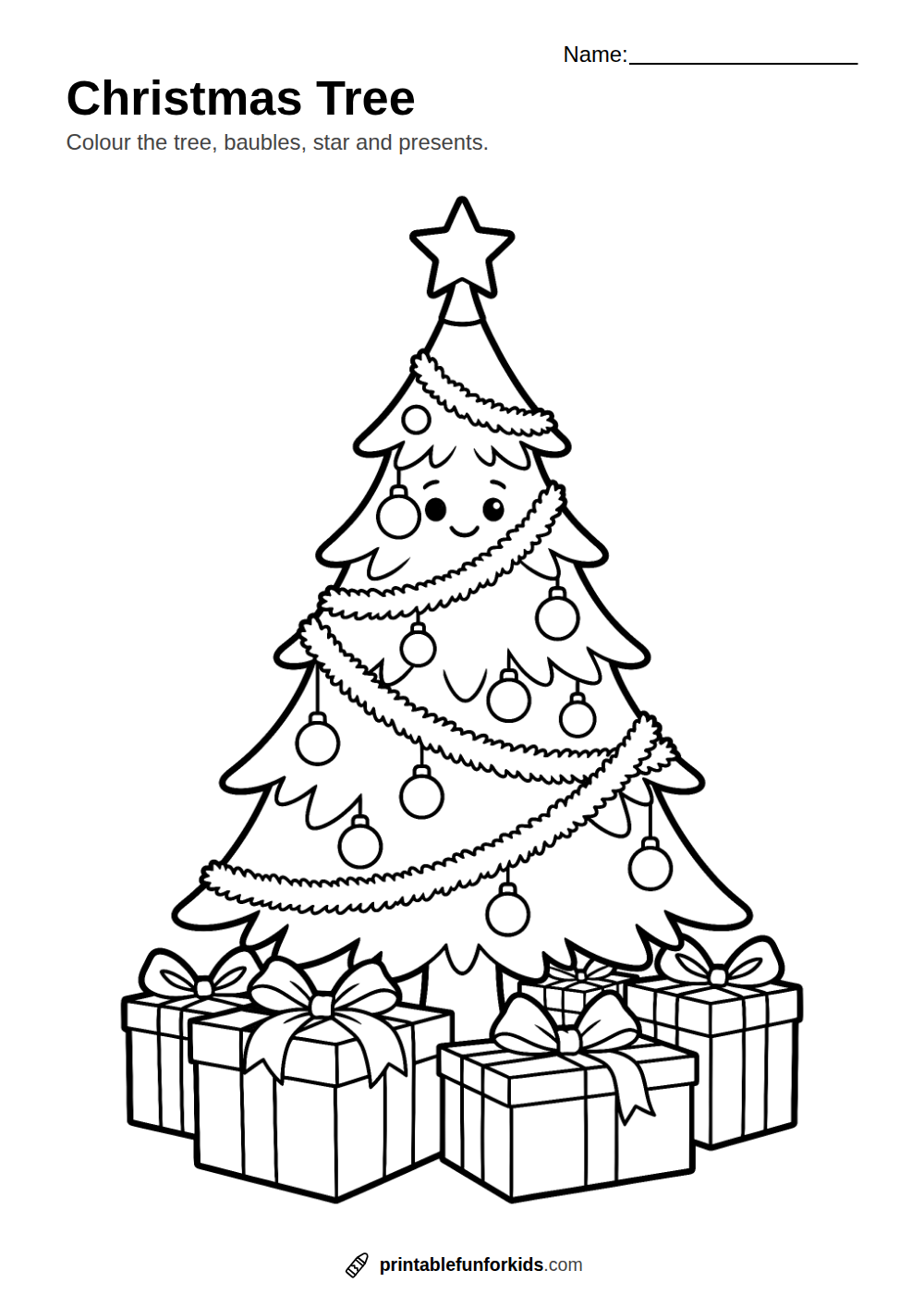 Line drawing of a decorated Christmas tree with a star and presents underneath, ready to colour in
