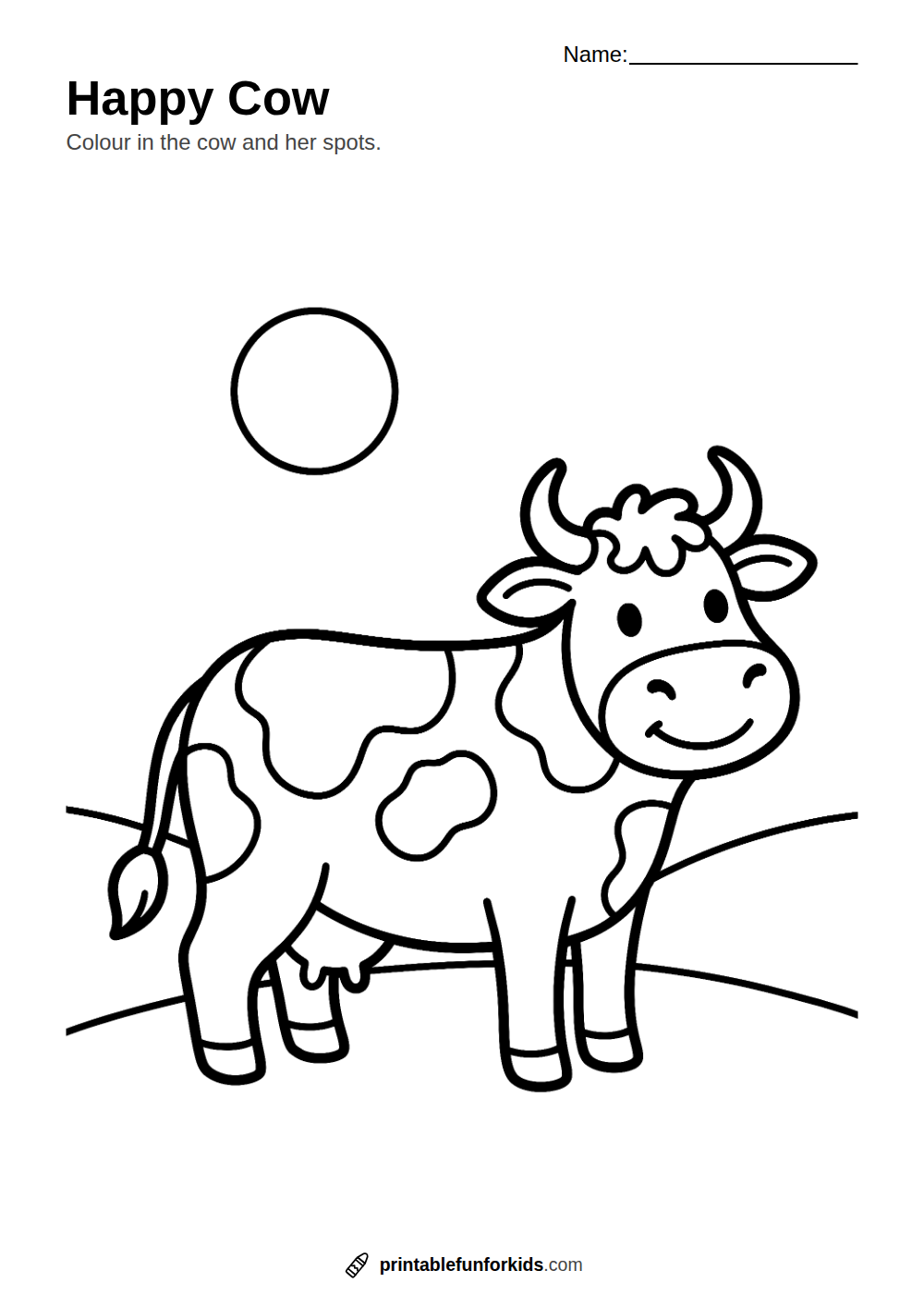 Line drawing of a spotty cow standing in a field under the sun, ready to colour in