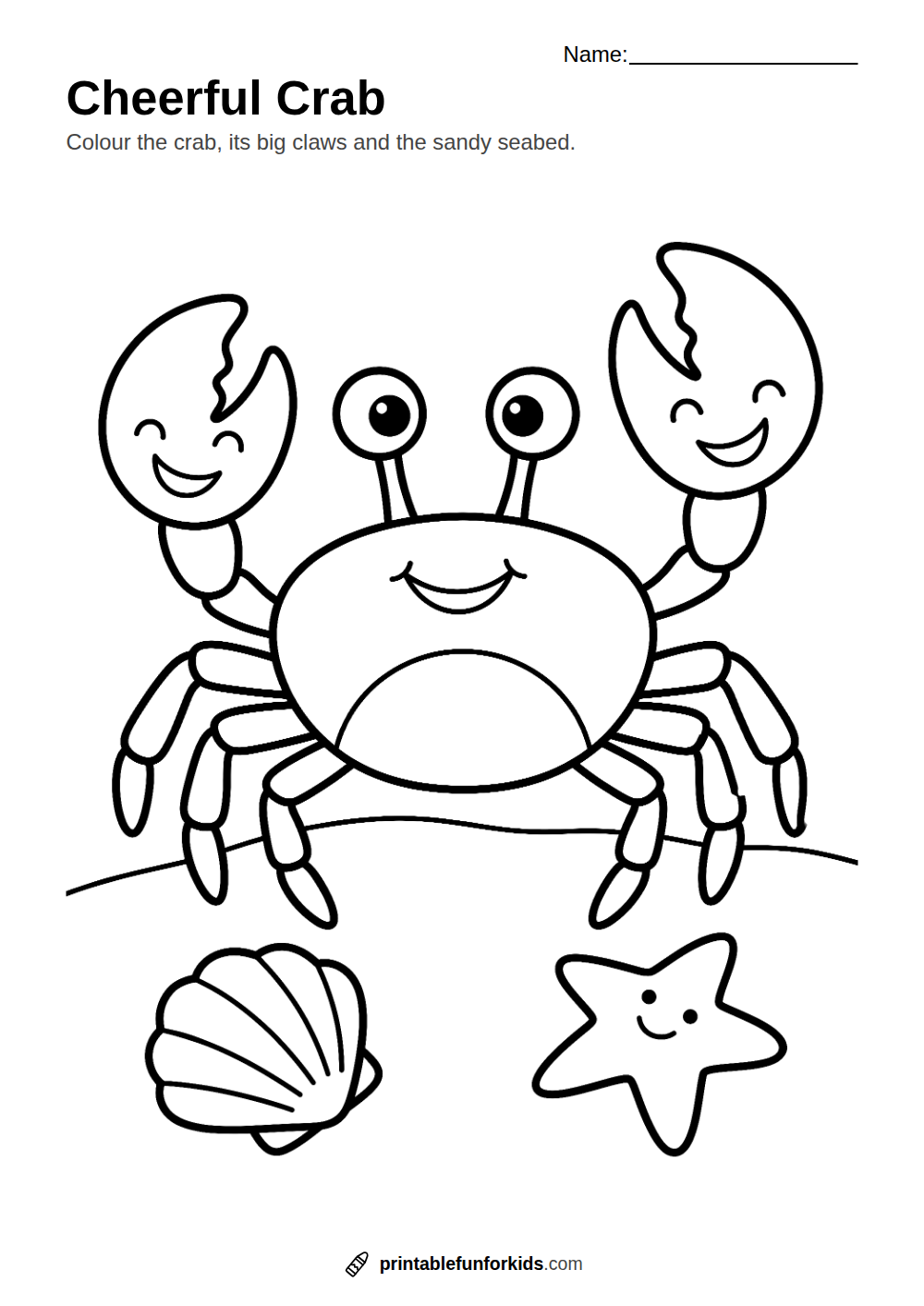 Line drawing of a cheerful crab waving its claws on the sand, ready to colour in