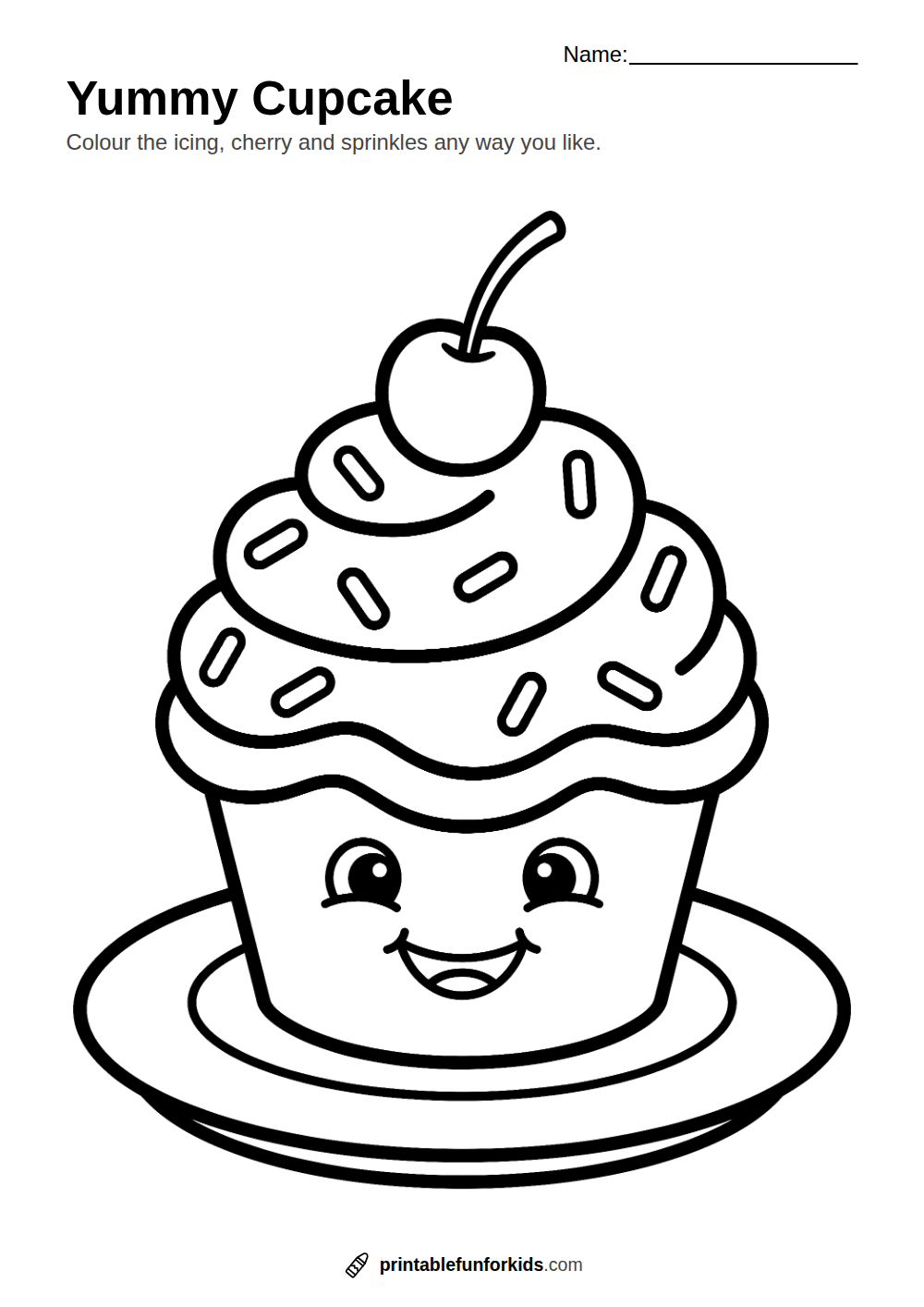 Line drawing of a smiling cupcake with swirly icing, sprinkles and a cherry, ready to colour in
