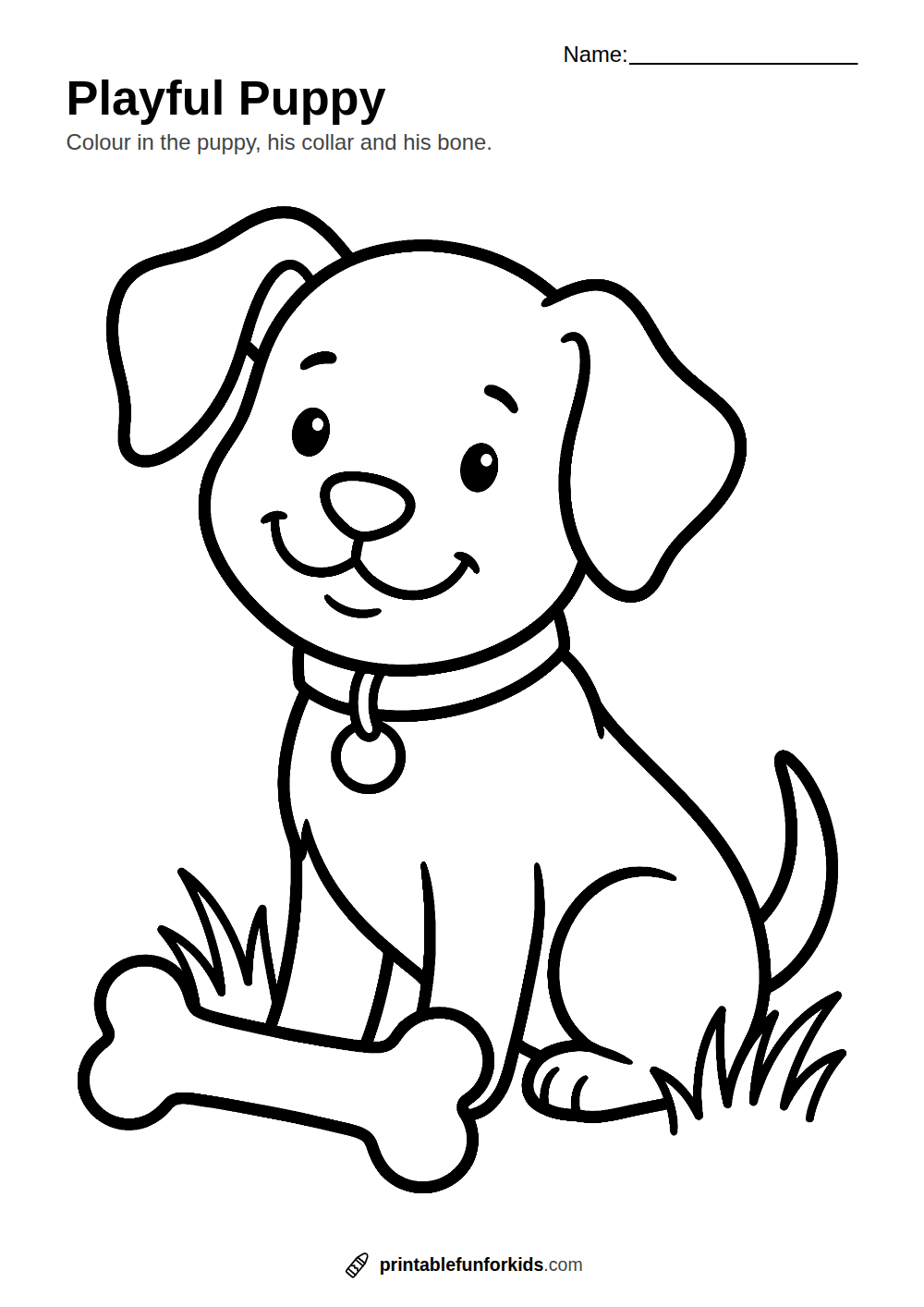 Line drawing of a happy puppy with a collar sitting next to a bone, ready to colour in