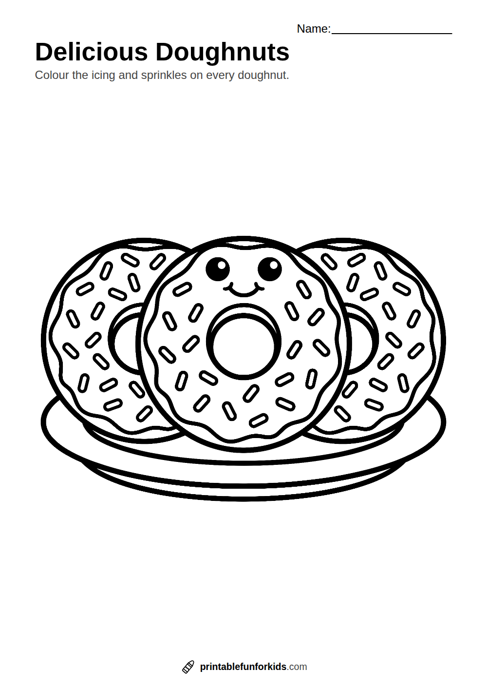 Line drawing of three iced doughnuts with sprinkles on a plate, ready to colour in