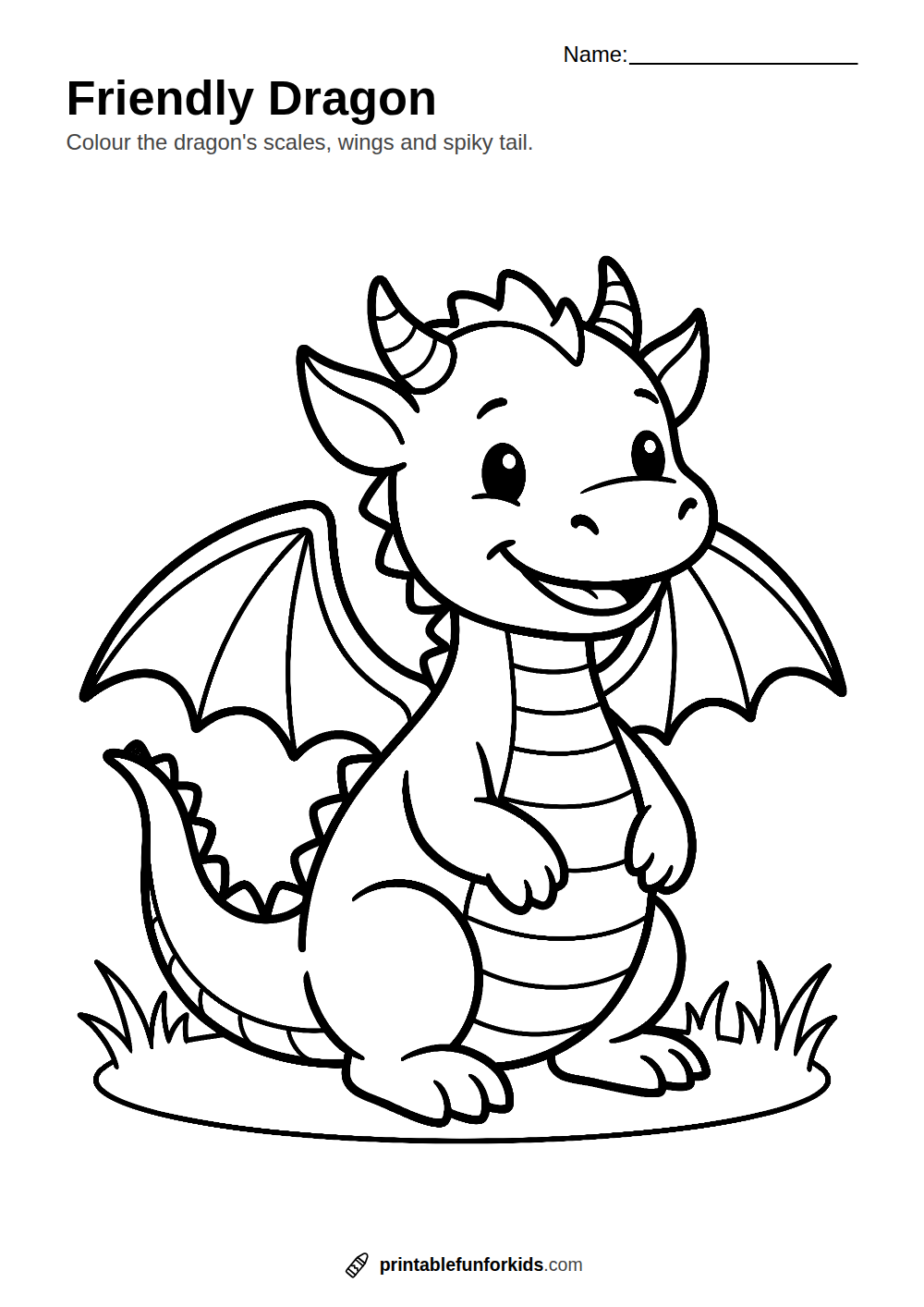 Line drawing of a cute friendly dragon with wings, horns and a spiky tail, ready to colour in
