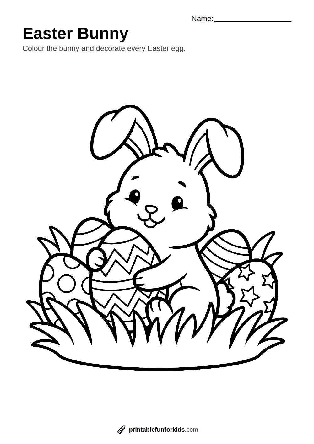 Line drawing of an Easter bunny holding a decorated egg with more eggs in the grass, ready to colour in