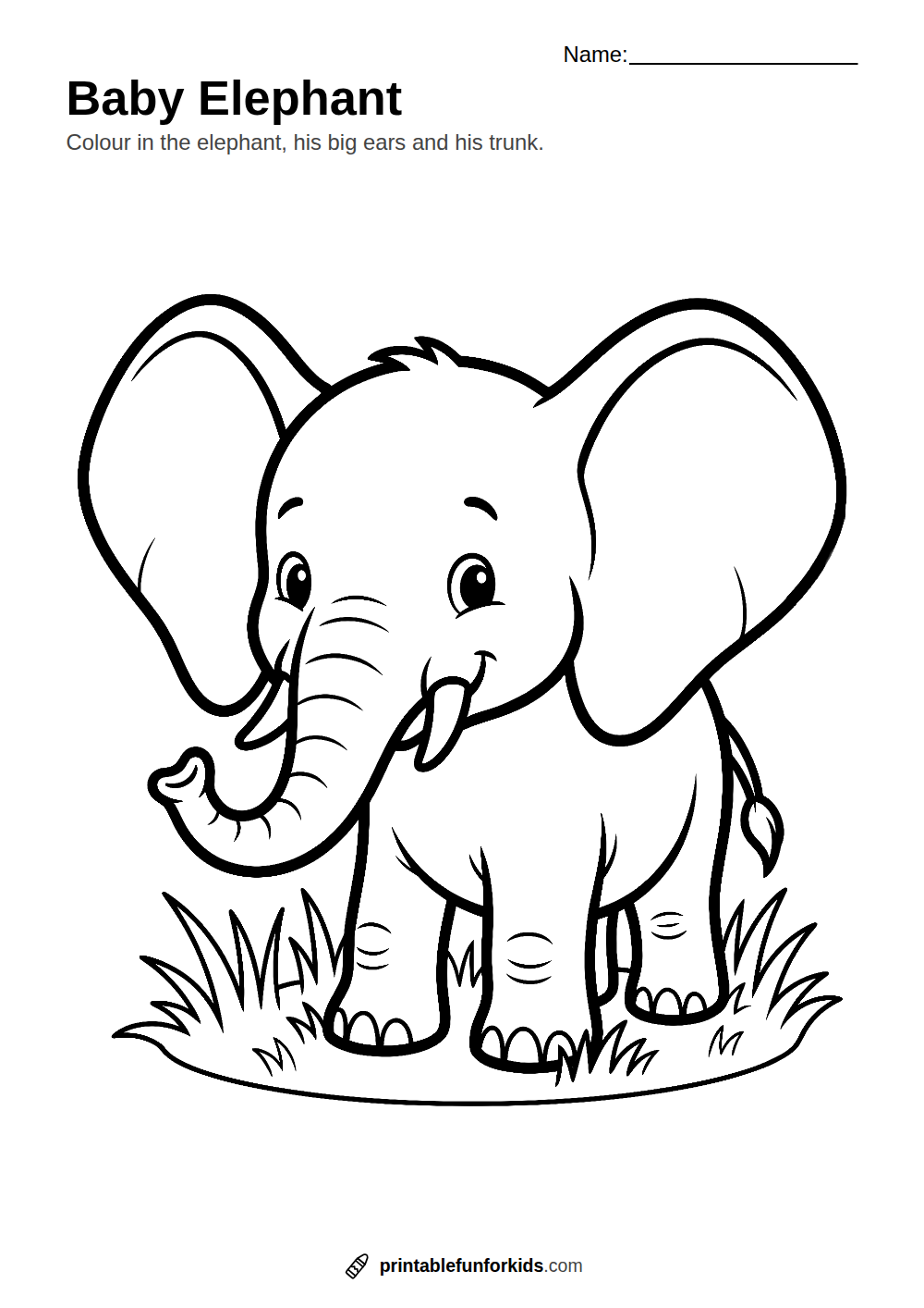 Line drawing of a baby elephant with big ears and a curled trunk, ready to colour in
