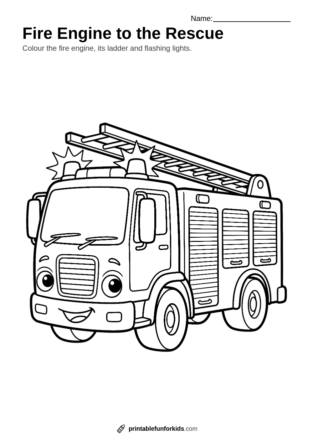 Line drawing of a fire engine with a ladder and flashing lights, ready to colour in