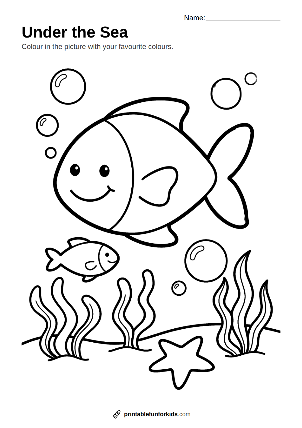 Line drawing of a big fish and a small fish swimming above seaweed and a starfish, ready to colour in