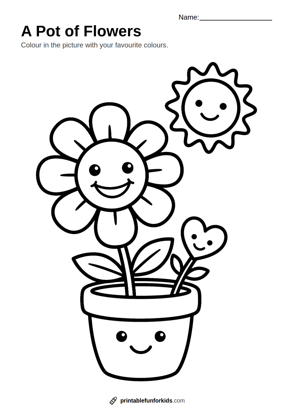 Line drawing of a smiling flower in a pot with the sun above, ready to colour in