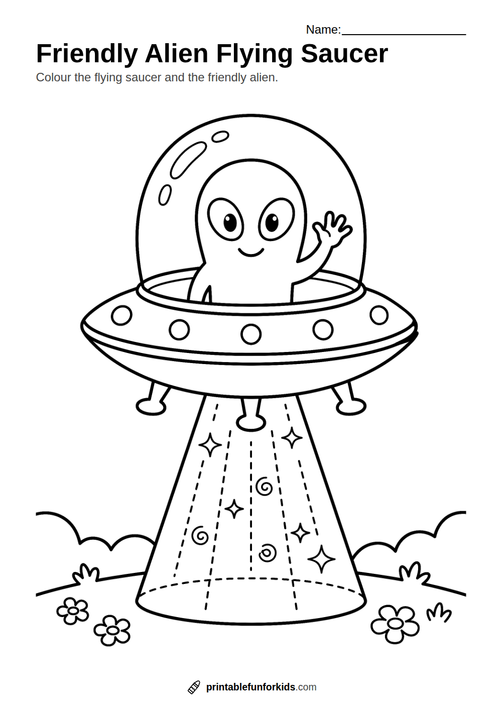 Line drawing of a flying saucer with a waving alien and a light beam, ready to colour in