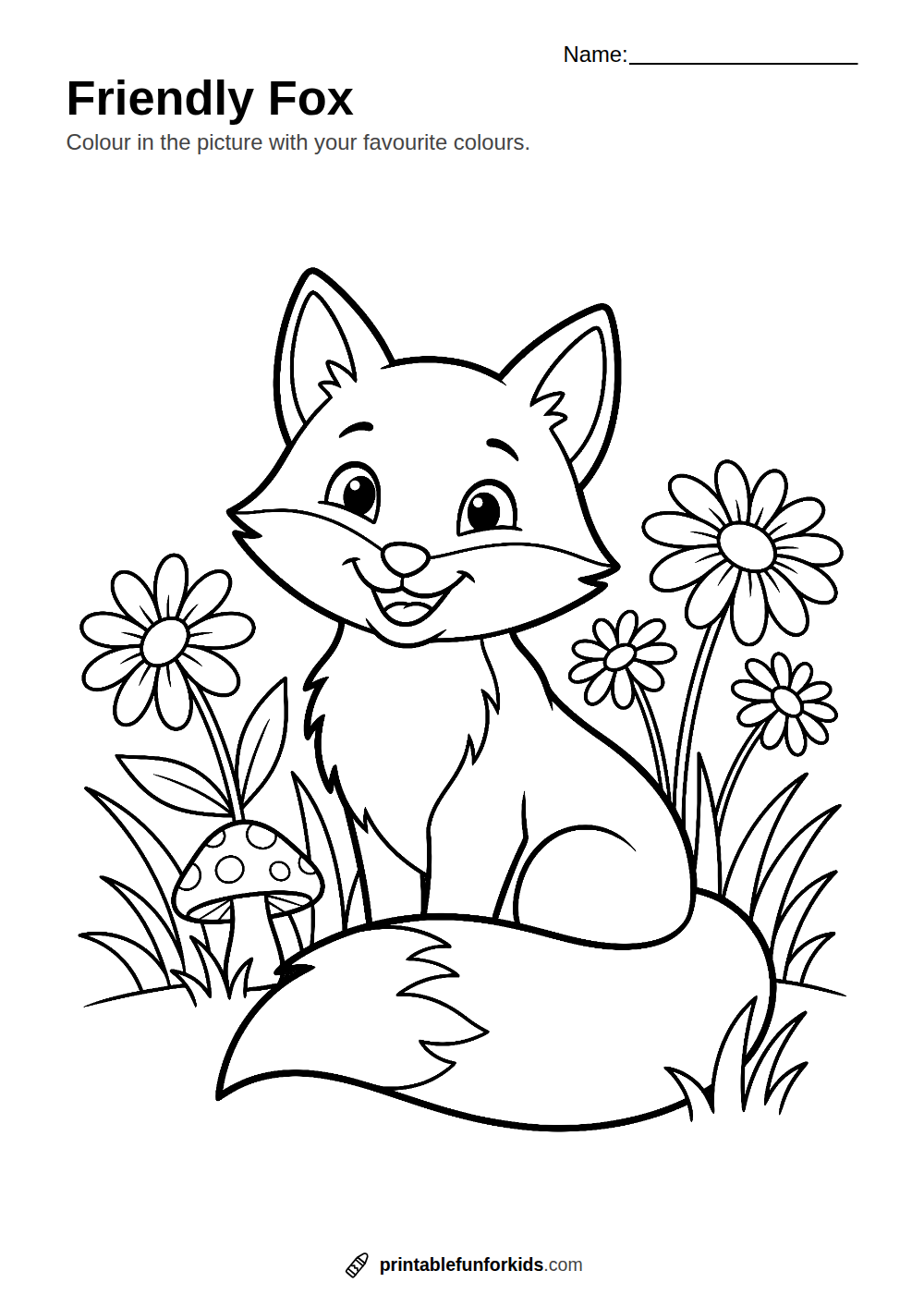 Line drawing of a smiling fox sitting in a meadow with daisies, grass and a spotty toadstool, ready to colour in