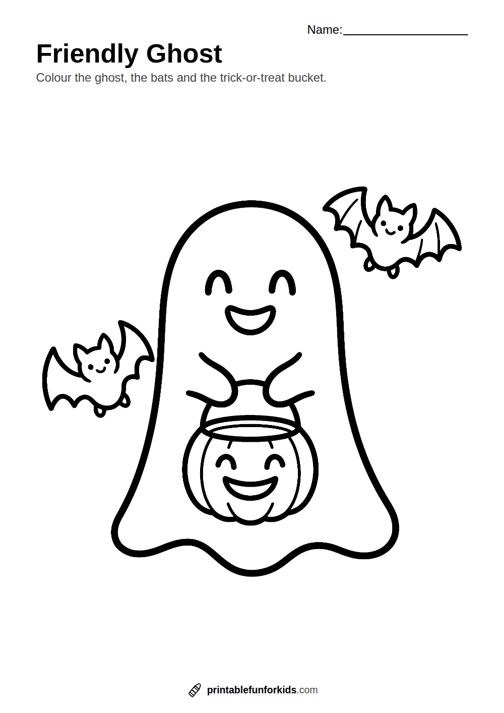 Line drawing of a smiling little ghost holding a pumpkin trick-or-treat bucket with two bats, ready to colour in