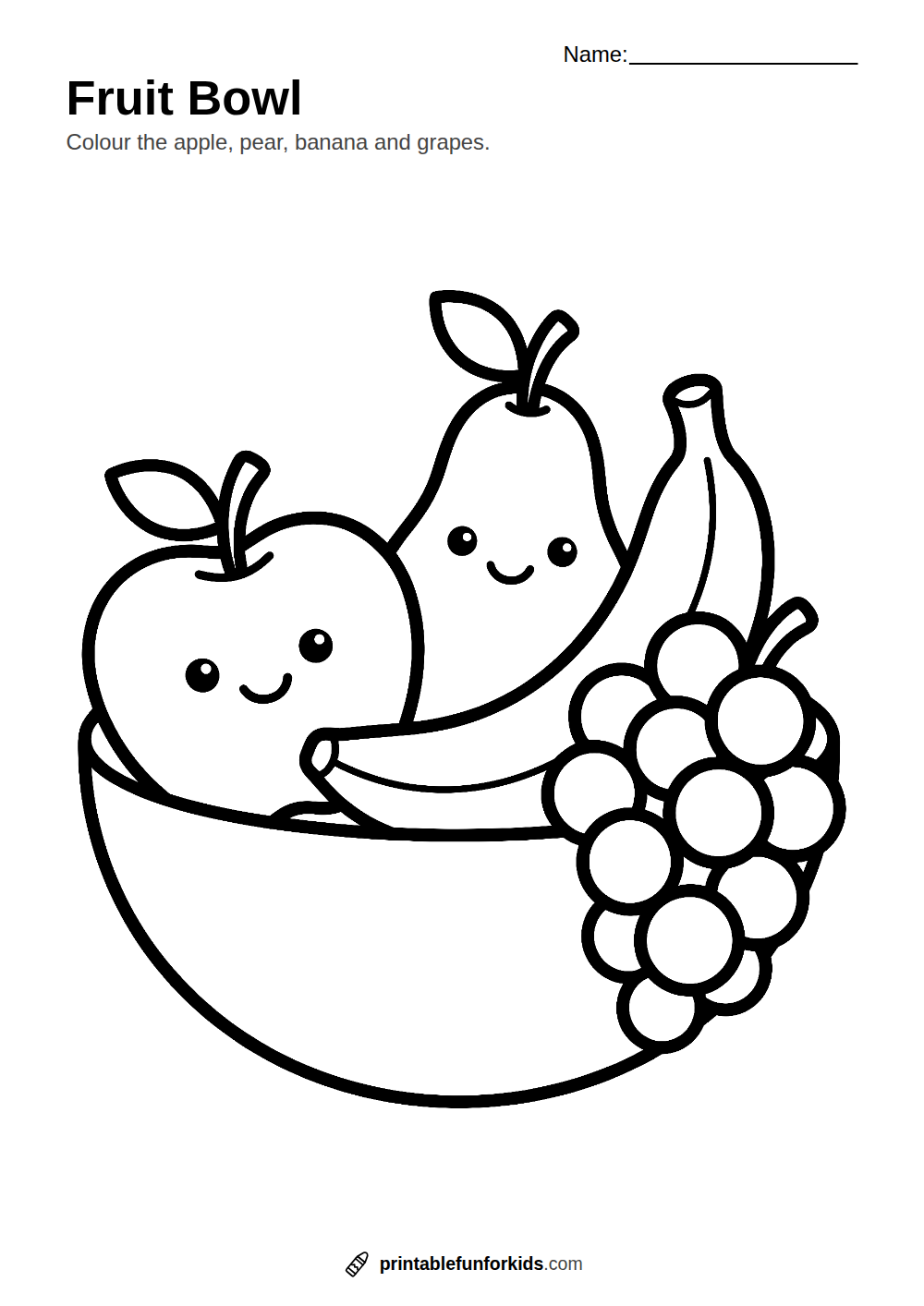 Line drawing of a fruit bowl with an apple, pear, banana and grapes, ready to colour in