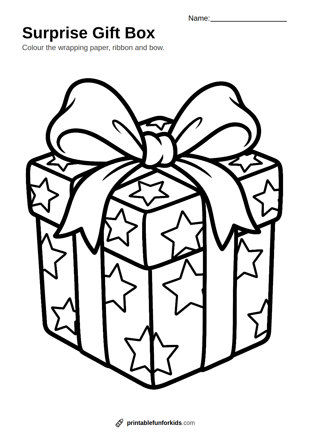 Line drawing of a wrapped gift box with stars, ribbon and a big bow, ready to colour in