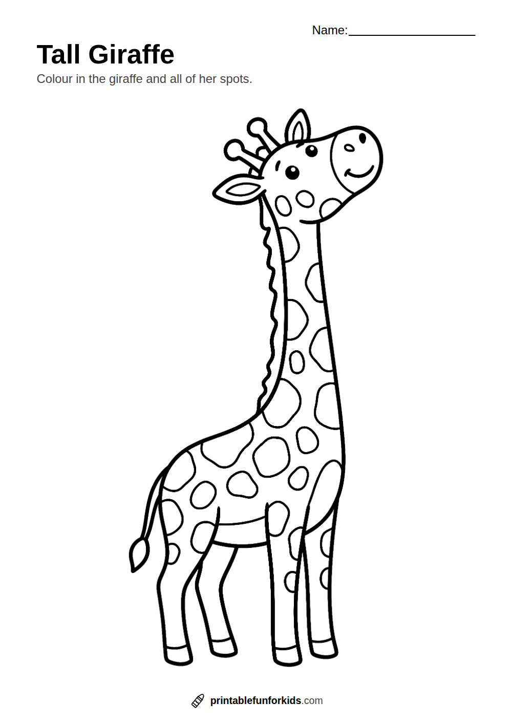 Line drawing of a tall spotty giraffe with a long neck, ready to colour in