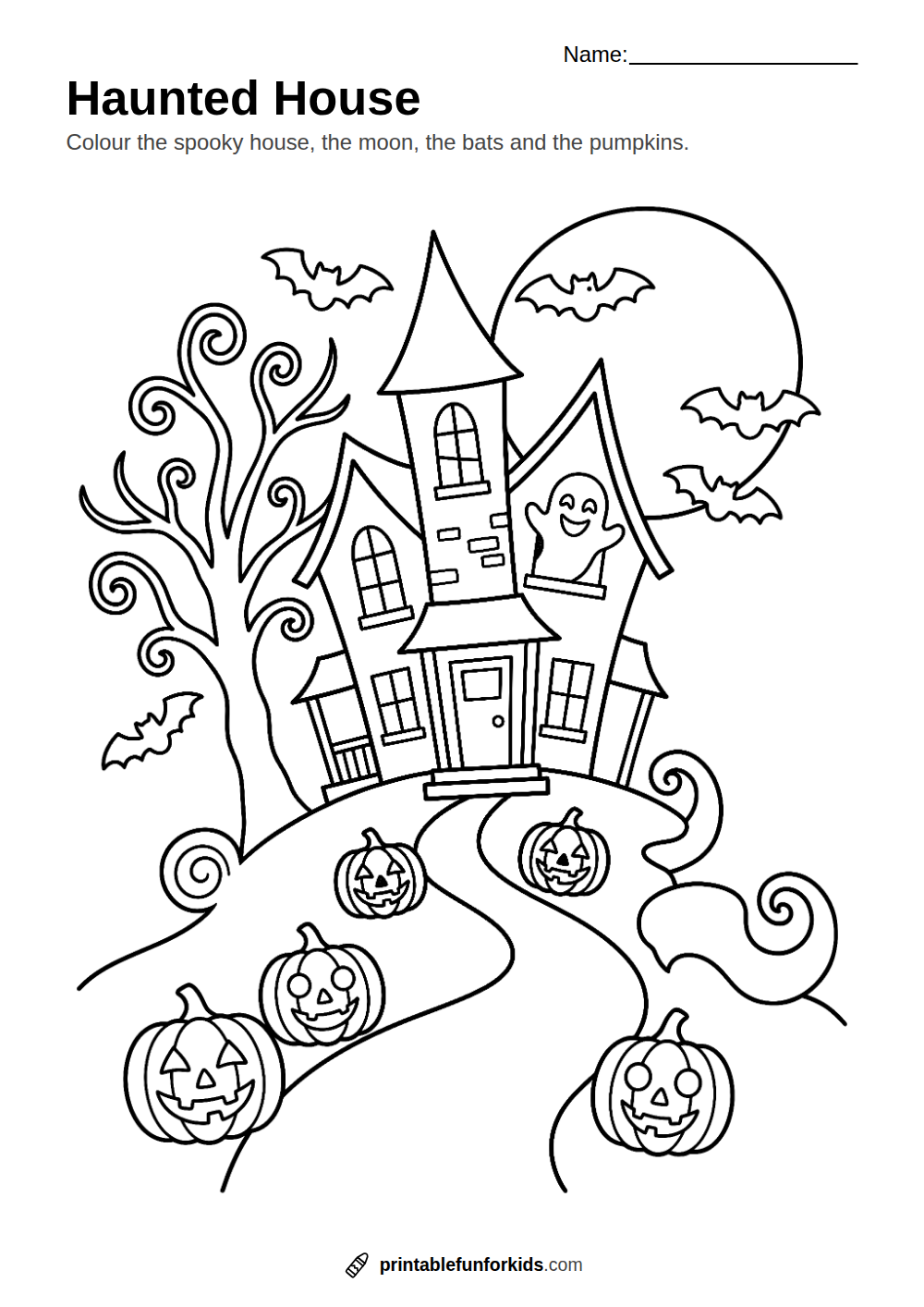Line drawing of a haunted house on a hill under a full moon with bats, a ghost in the window and pumpkins, ready to colour in