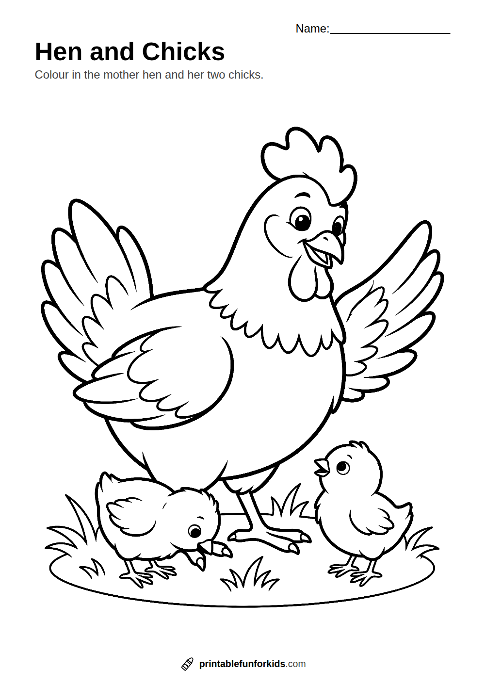 Line drawing of a mother hen with two baby chicks on the grass, ready to colour in