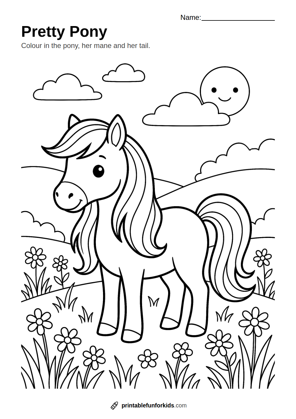 Line drawing of a pony with a flowing mane standing in a meadow, ready to colour in