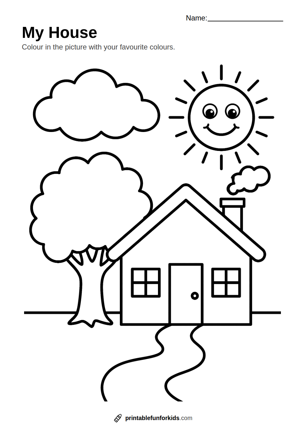 Line drawing of a house with a chimney, a tree, the sun and a cloud, ready to colour in