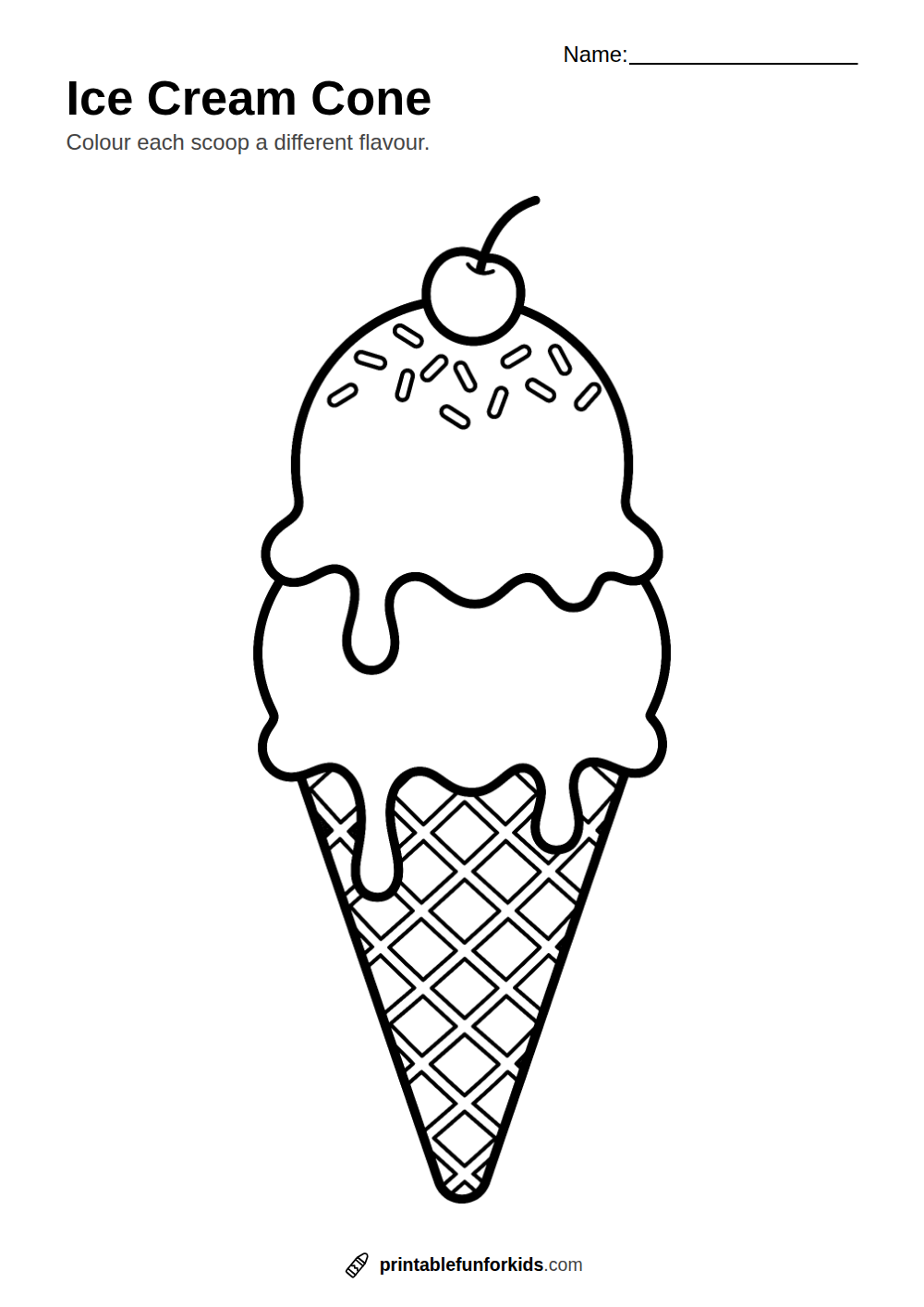 Line drawing of an ice cream cone with two scoops, sprinkles and a cherry, ready to colour in
