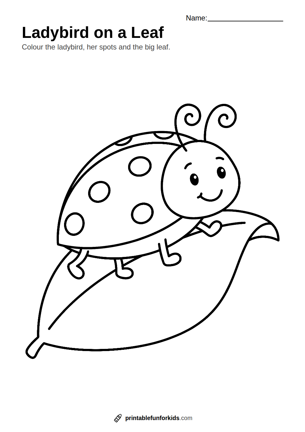 Line drawing of a smiling ladybird with spots walking on a big leaf, ready to colour in