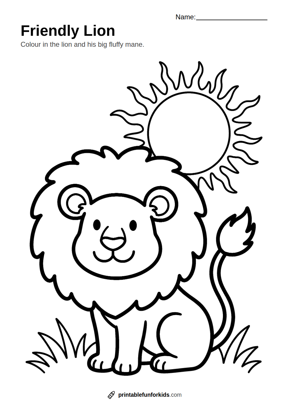 Line drawing of a smiling lion with a big round mane sitting under the sun, ready to colour in