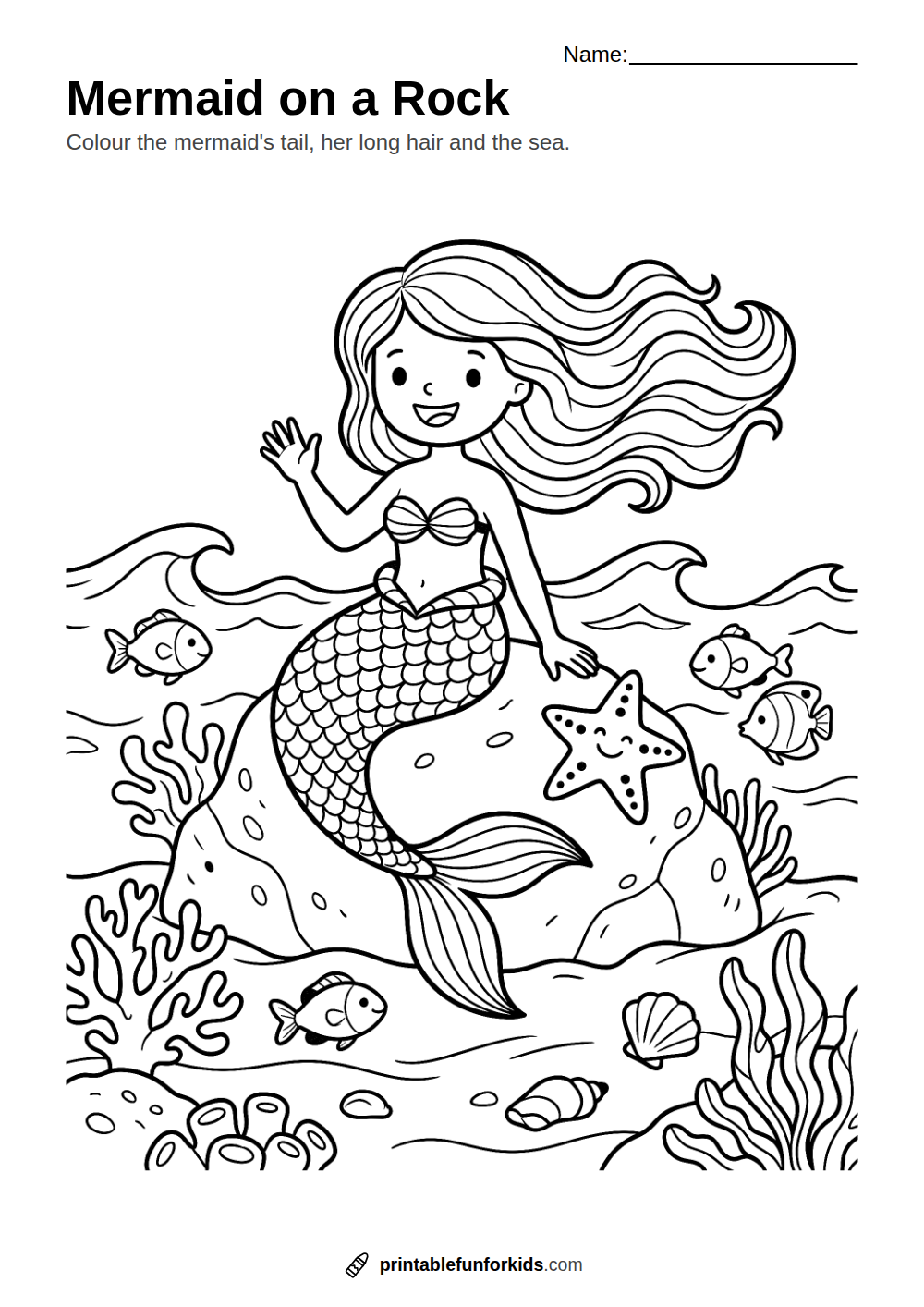 Line drawing of a smiling mermaid sitting on a rock in the sea and waving, ready to colour in
