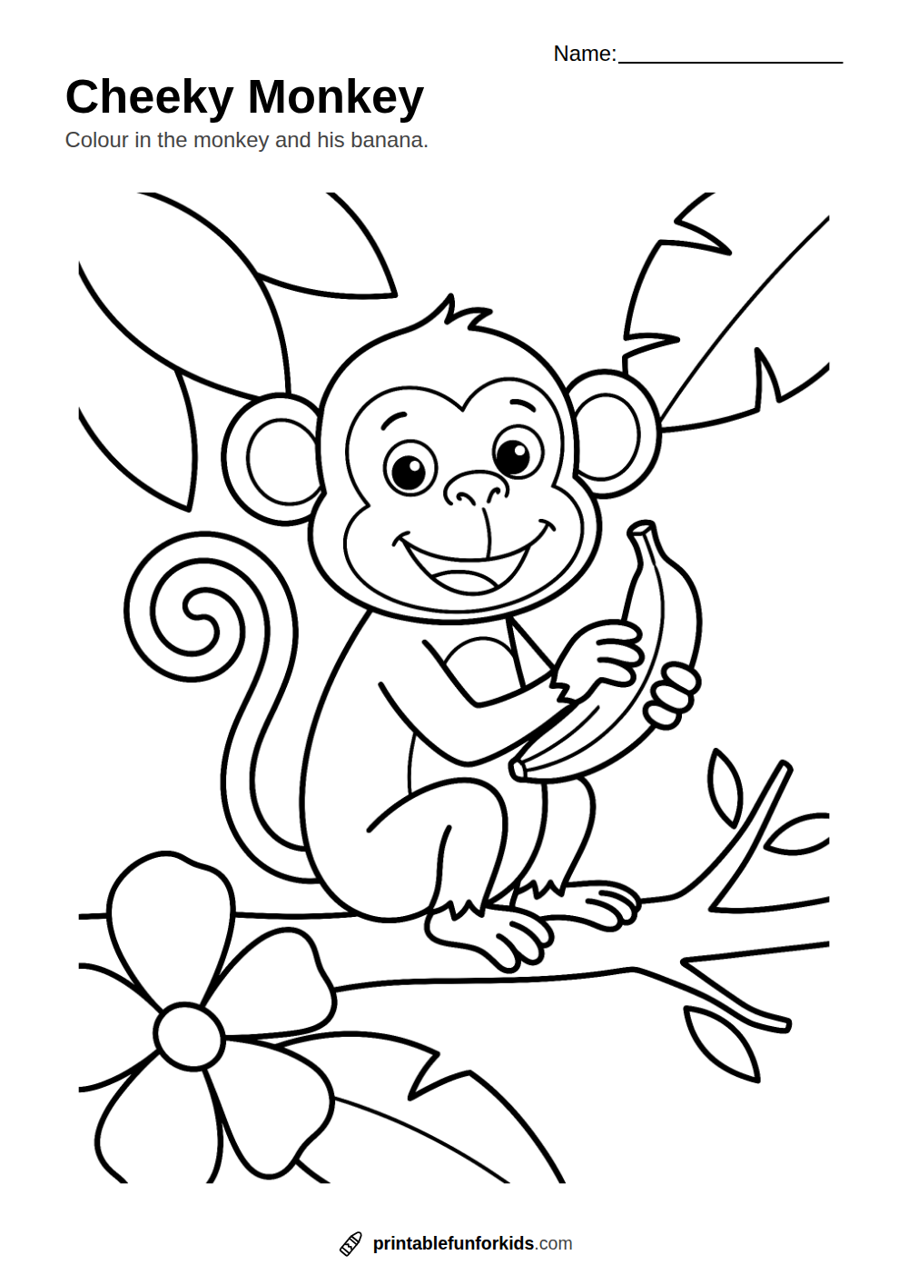 Line drawing of a cheeky monkey holding a banana with a curly tail, ready to colour in