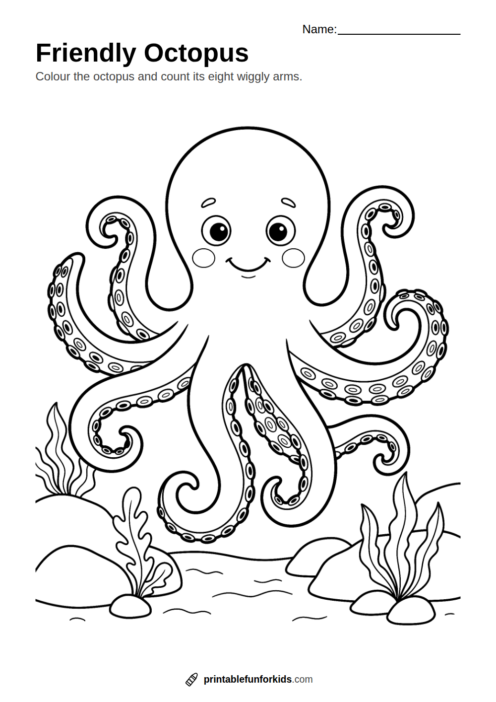 Line drawing of a smiling octopus with eight curly arms on the seabed, ready to colour in