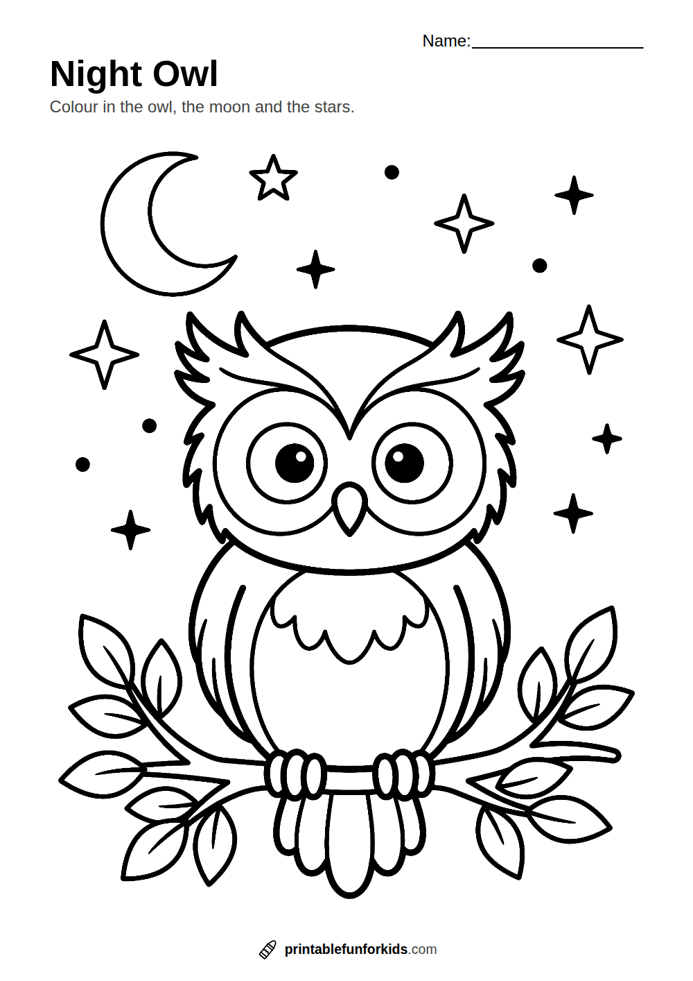 Line drawing of a big-eyed owl on a branch with the moon and stars, ready to colour in