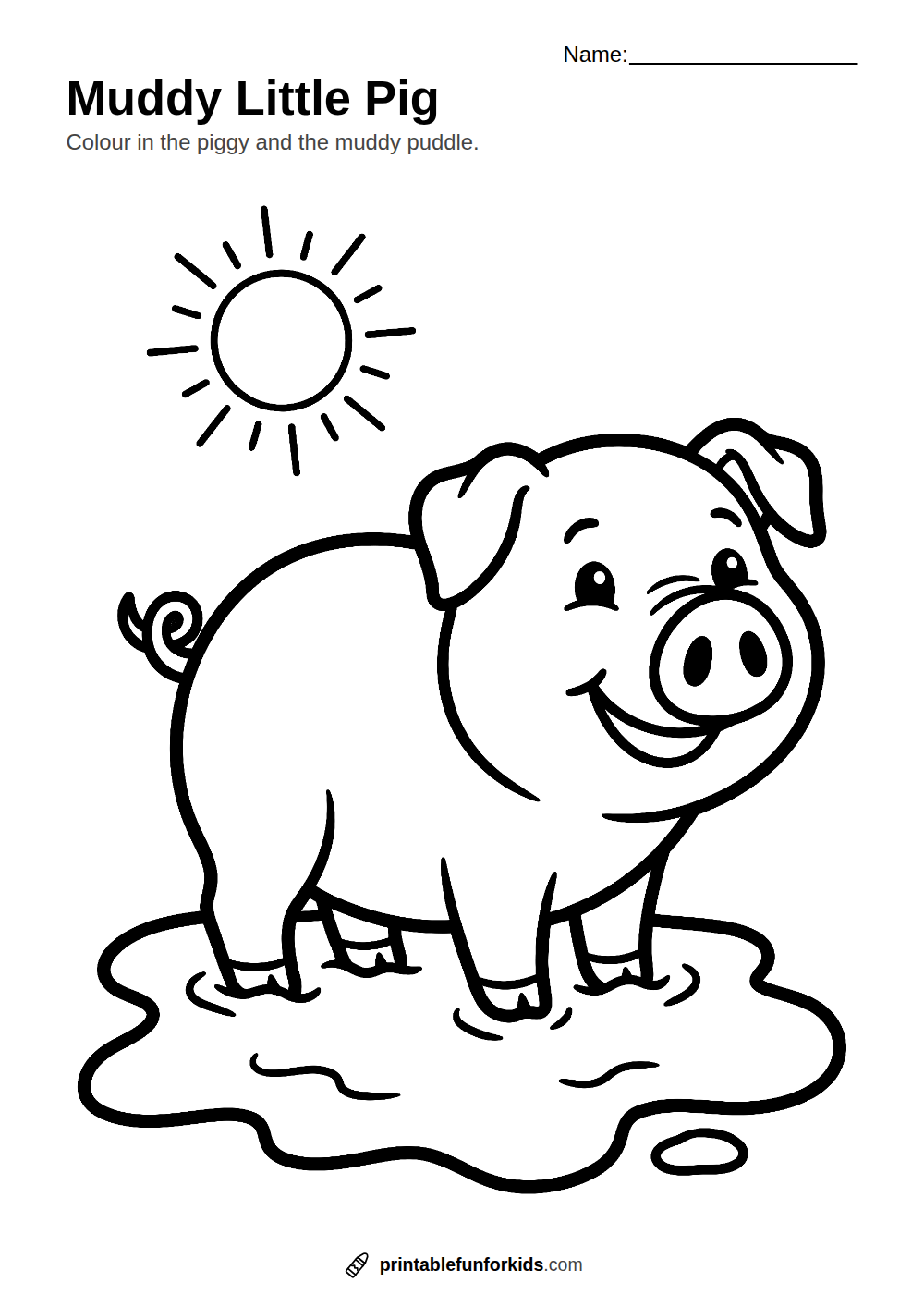Line drawing of a smiling pig with a curly tail standing in a mud puddle, ready to colour in