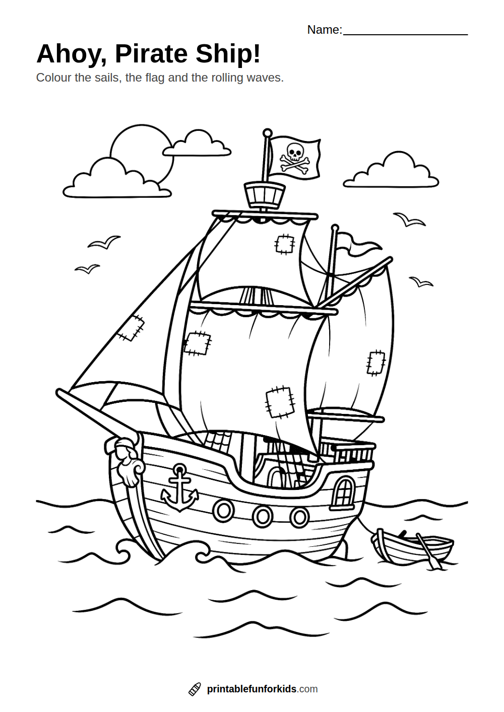 Line drawing of a pirate ship with two masts, sails and a flag sailing on waves, ready to colour in